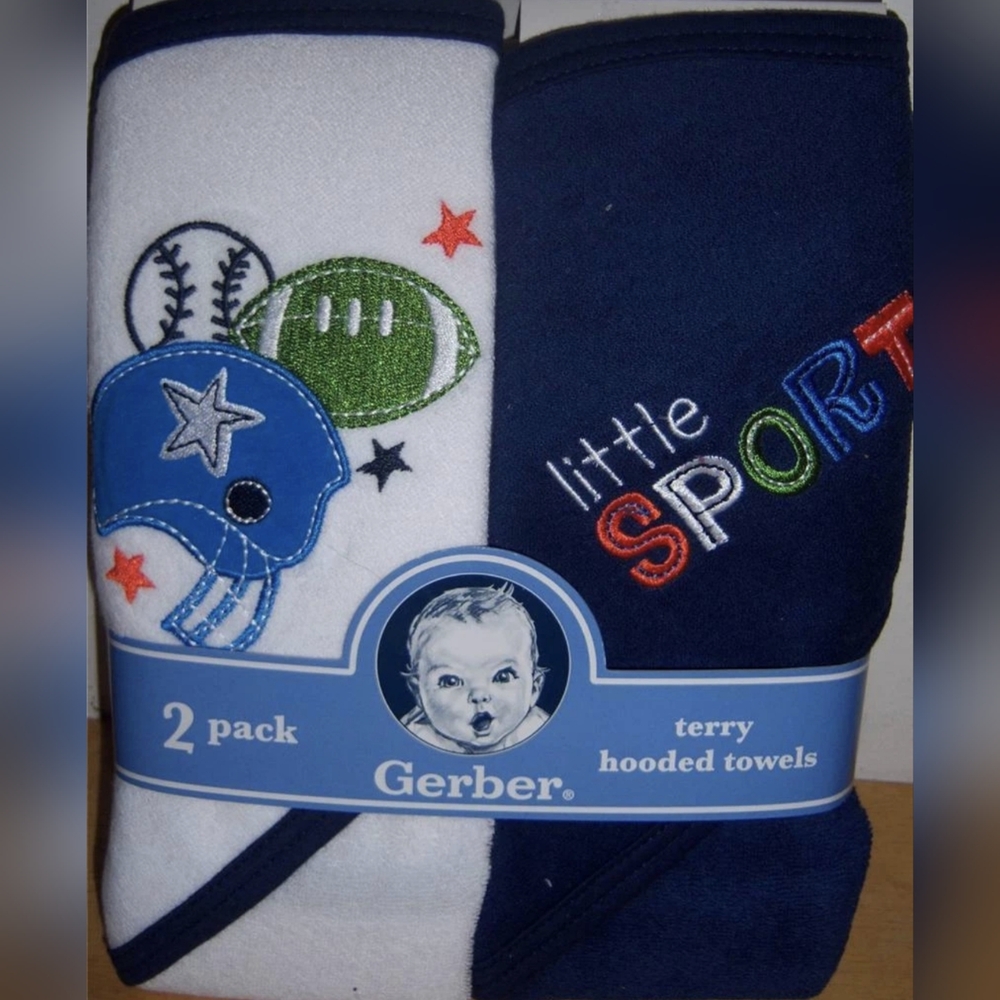 New Gerber 2-Pack Terry Hooded Towels – Little Sport Football Baseball Design